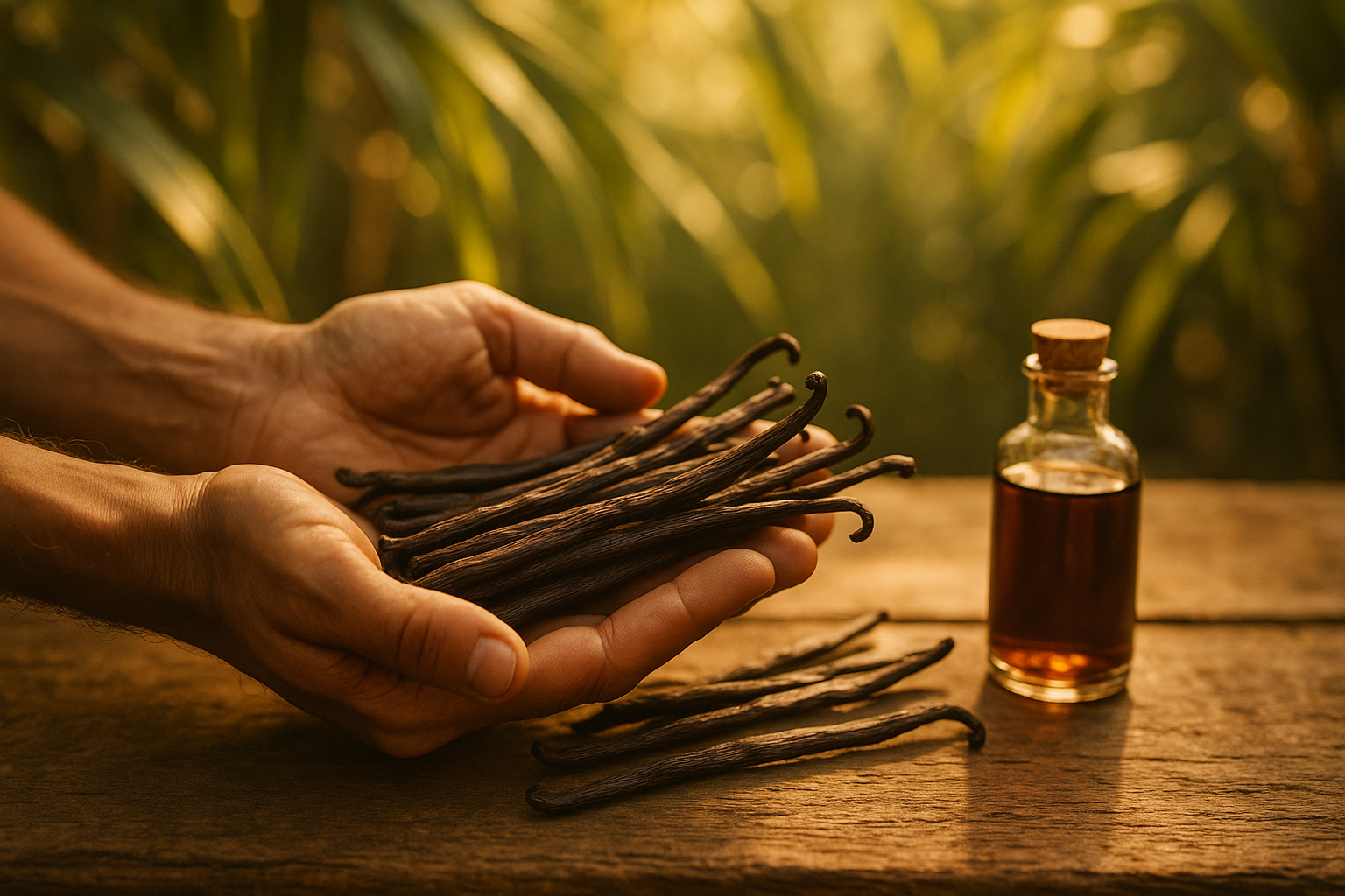 Close-up of hands holding fresh vanilla beans over a rustic wooden table, with sunlight streaming through tropical leaves in the background. A small bottle of vanilla extract sits beside the beans. The setting feels warm, natural, and sustainable — representing ethical sourcing and craftsmanship.
