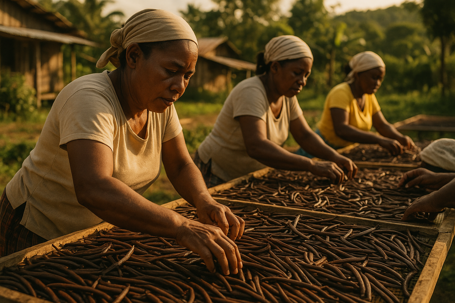 Use a warm, authentic farm image like the one in your first screenshot — women curing vanilla beans under sunlight in Esmeraldas. That human touch tells your story visually.