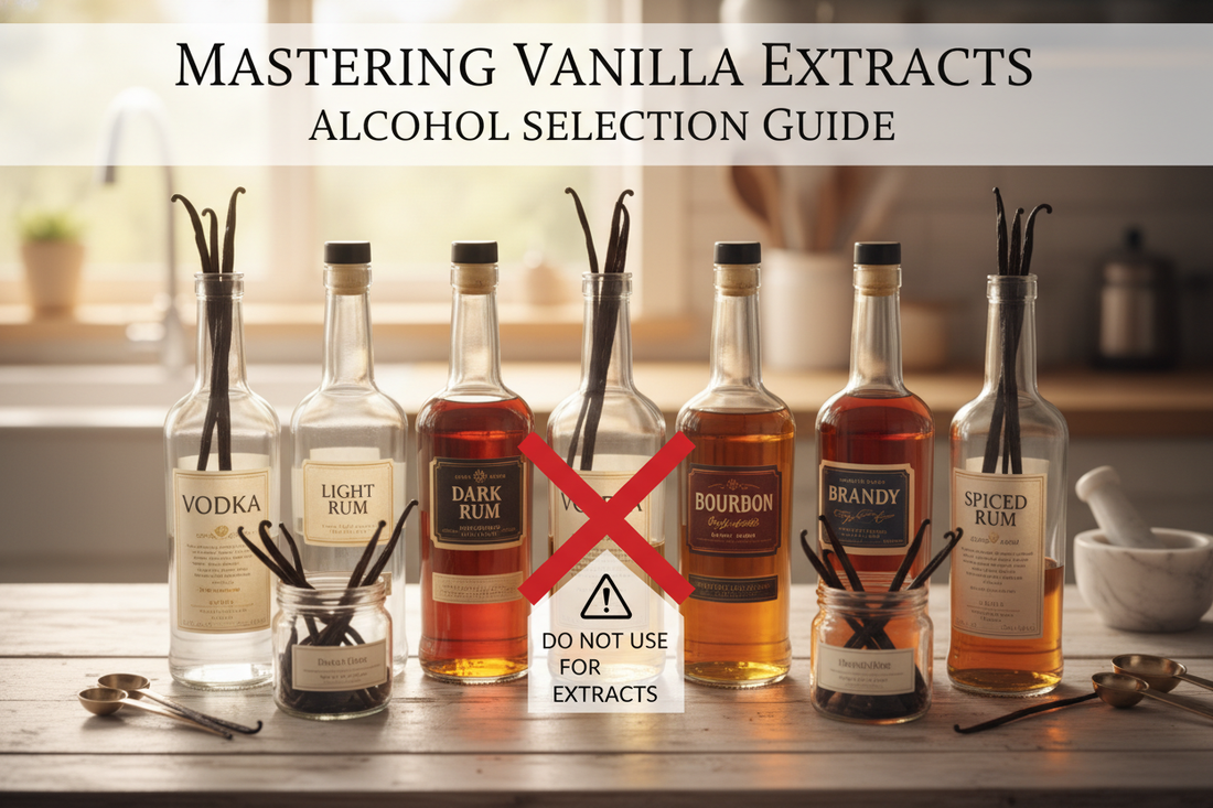 Alcohol selection guide for homemade vanilla extract showing vodka, rum, bourbon, and brandy with vanilla beans, highlighting best alcohols for vanilla extract and which to avoid.