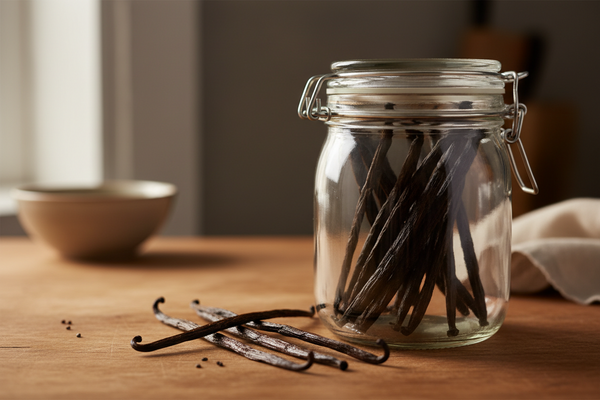 Proper storage of vanilla beans in sealed glass container to keep them fresh