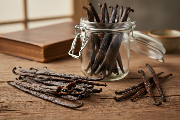 Vanilla beans stored in glass jar on wooden surface