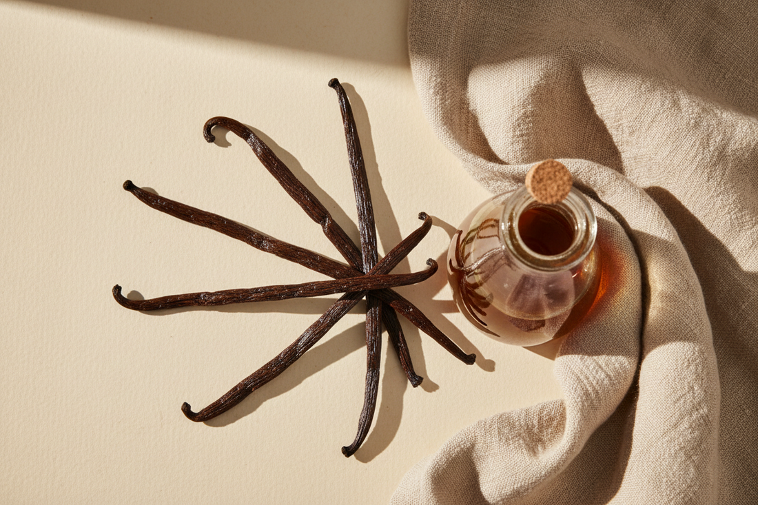 Homemade vanilla extract made with premium vanilla beans and alcohol, shown with split vanilla pods and a glass bottle on a neutral background.