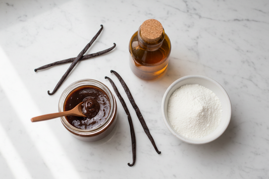 Vanilla paste, vanilla extract, vanilla powder, and whole vanilla beans on a white surface for a vanilla substitution comparison chart.