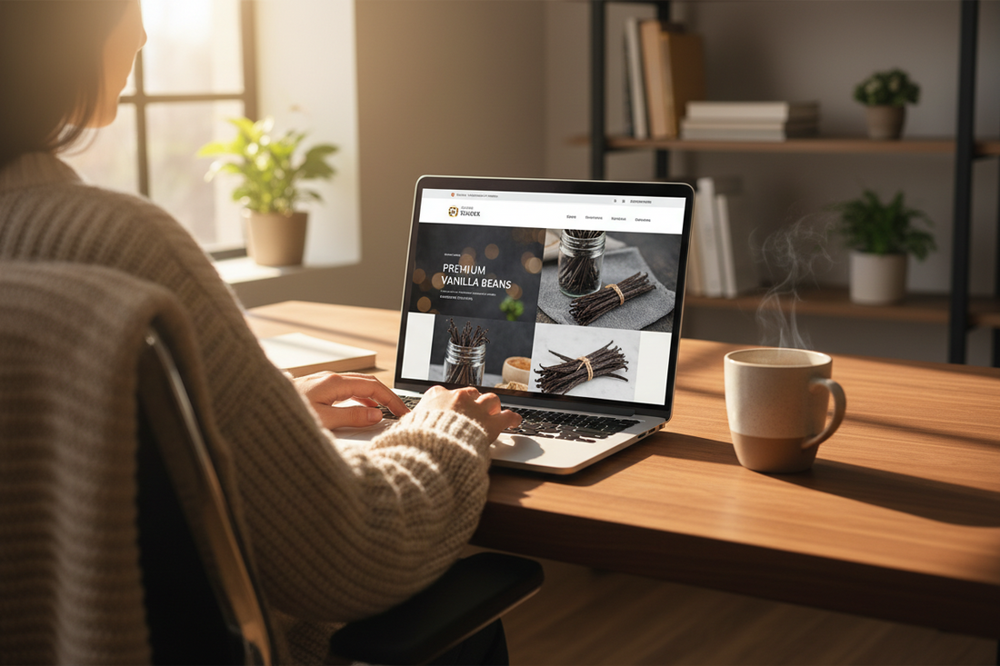 Person browsing vanilla beans online on laptop at home workspace