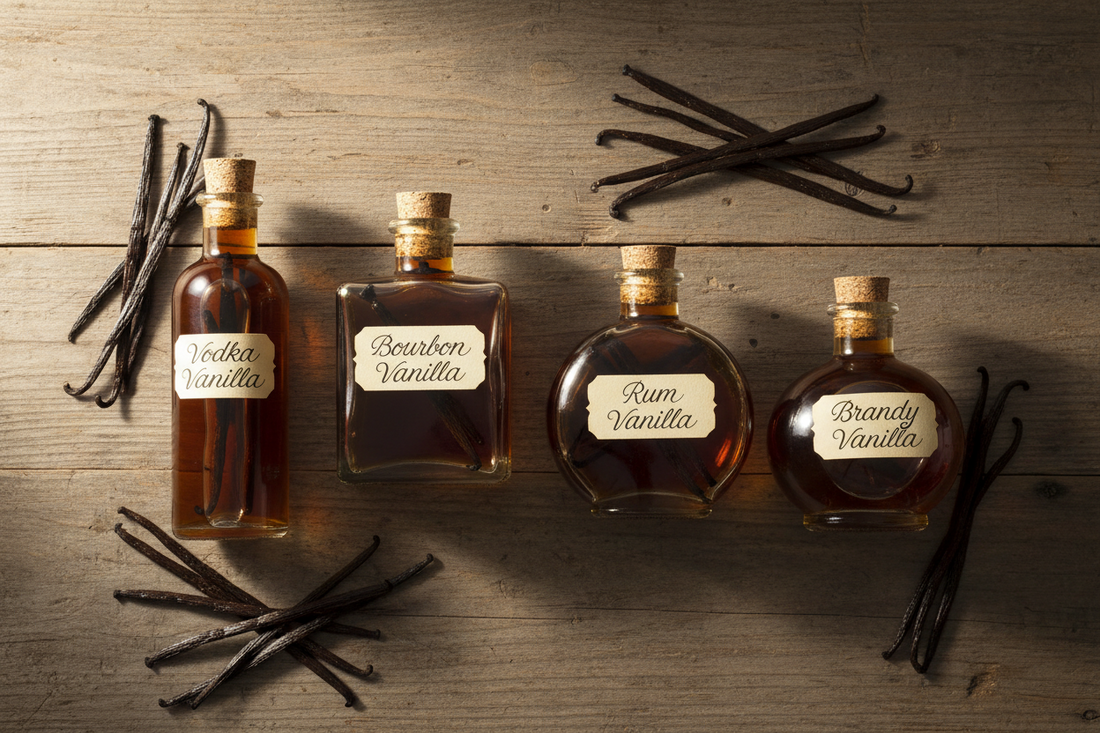 Four bottles of homemade vanilla extract made with vodka, bourbon, rum, and brandy alongside whole Tahitian vanilla beans for a flavor comparison.