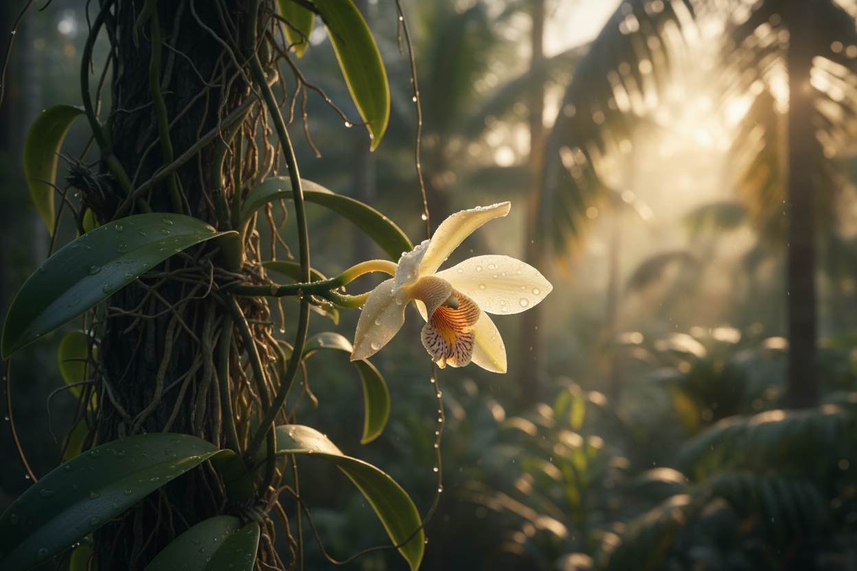 A Bloom That Lasts Only One Day

Vanilla begins as an orchid — but not the kind you balance on a windowsill.
These orchids climb like vines and can stretch 30 feet into the sky.

And here’s the plot twist:
Each flower opens for a single day.
One chance. One sunrise. One delicate window to decide the bean’s entire fate.

Nature… you drama queen.

Because wild pollinators rarely get the job done, every single flower is pollinated by hand — a tiny brush, a gentle touch, and a whole lot of skill.

At Dadora Van