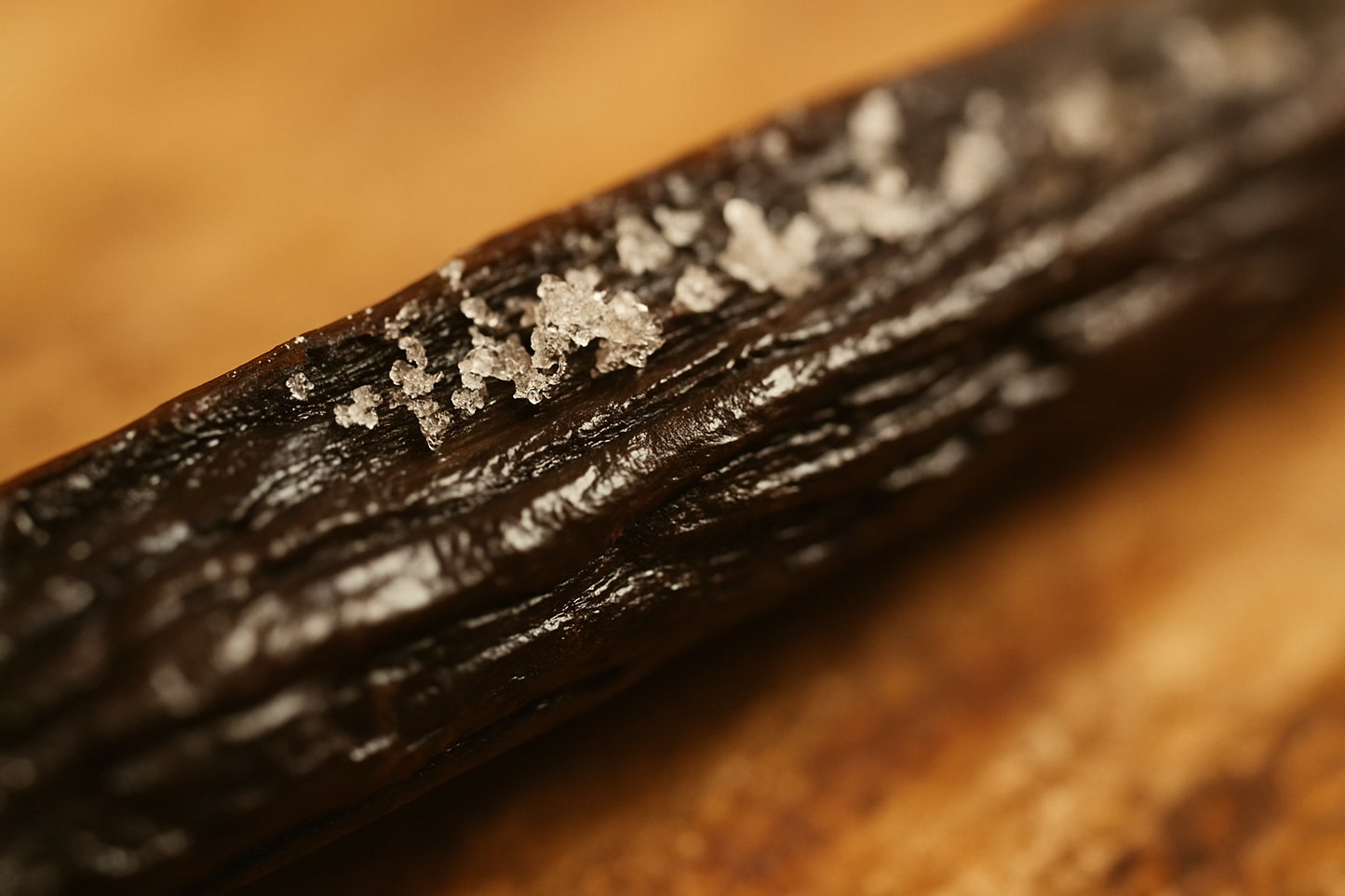 Extreme macro photograph of a single vanilla bean showing delicate white vanillin ‘frost’ crystals on the surface, glossy dark pod texture, shallow depth of field, gentle warmth, educational feel, no labels, no text.