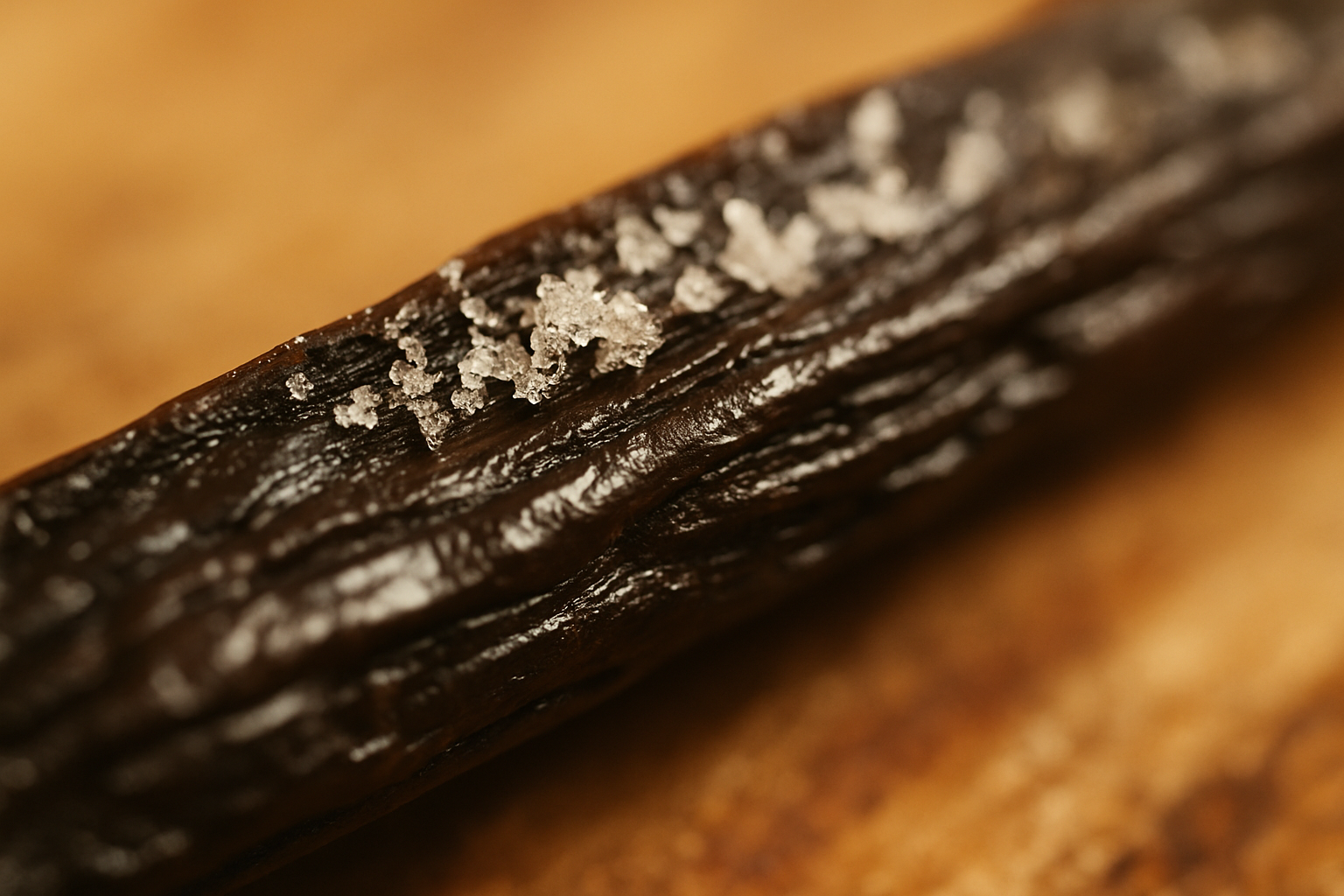 Extreme macro photograph of a single vanilla bean showing delicate white vanillin ‘frost’ crystals on the surface, glossy dark pod texture, shallow depth of field, gentle warmth, educational feel, no labels, no text.