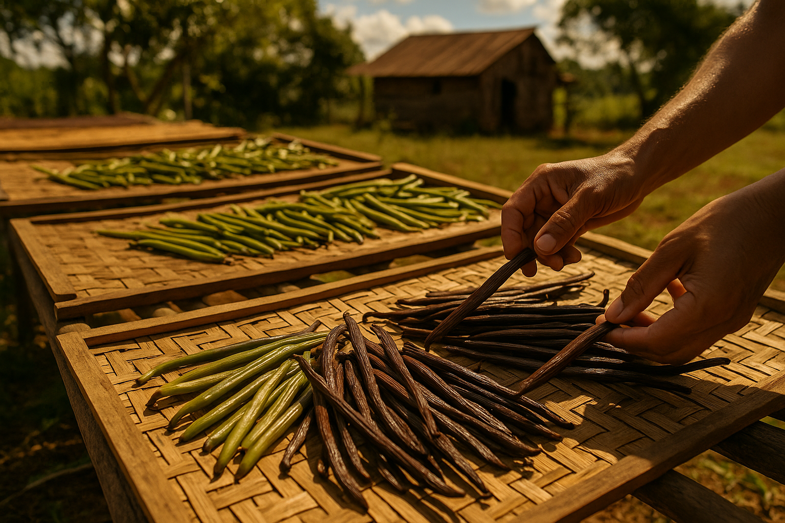 Ecuadorian farmers hand-curing vanilla beans in the Dadora greenhouse.