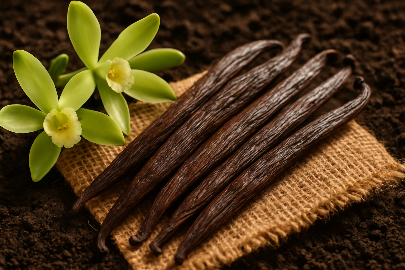 Macro shot of cured Ecuadorian vanilla beans resting on burlap beside green vanilla orchids and volcanic soil background — natural light, warm earthy tones, editorial style.