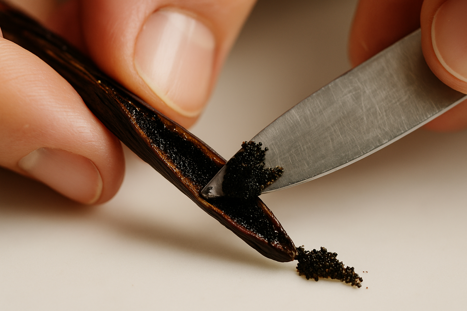 Photo of a bean being split open and scraped (close-up with vanilla “caviar”).
Optional second: saucepan with beans simmering.
Purpose: Visual tutorial feel, reinforces recipe credibility.