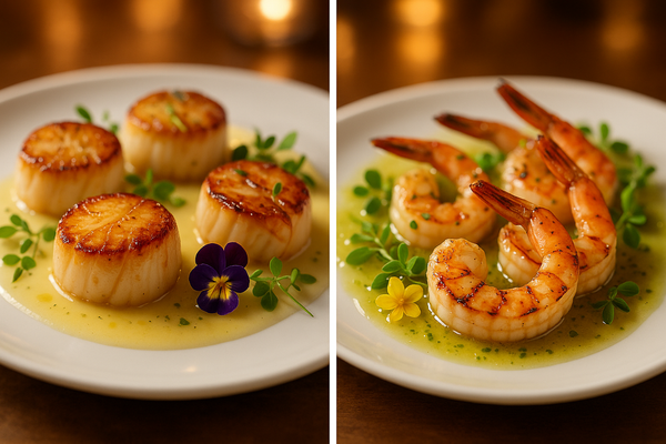 Seared scallops with a vanilla-lemon butter sauce
Grilled shrimp glazed with a vanilla-lime reduction