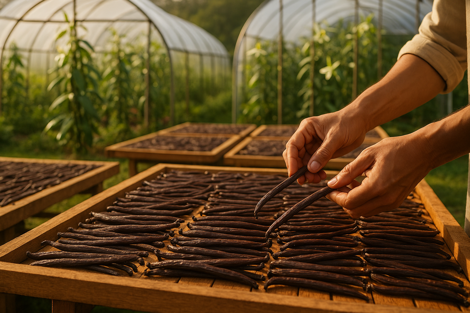 Sustainable. Responsible. Personal.
Our farm-to-bottle approach protects the land while investing in the people who cultivate it. Grown in greenhouses to optimize conditions, every pod reflects the care and precision we pour into every step.

Hand-Crafted, Expertly Sun-Cured
Our vanilla isn’t rushed. Each bean is picked at peak maturity, then sun-cured and processed with exacting care, unlocking the deep aroma, rich flavor, and unmatched quality that sets Dadora apart.