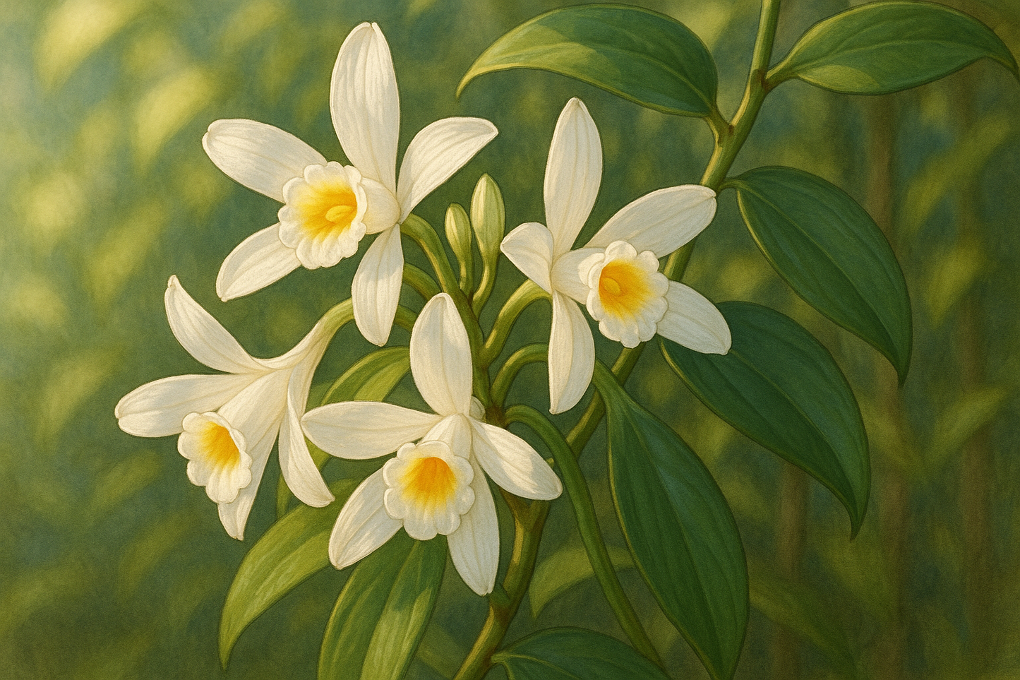 The V. tahitensis flower is a small, white, tubular orchid flower with a yellow center, blooming in summer. It grows in clusters on a climbing vine and has a distinct floral, citrusy, and sweet fragrance. While individual flowers open for a short time, they are hand-pollinated to produce the distinctive Tahitian vanilla bean.  