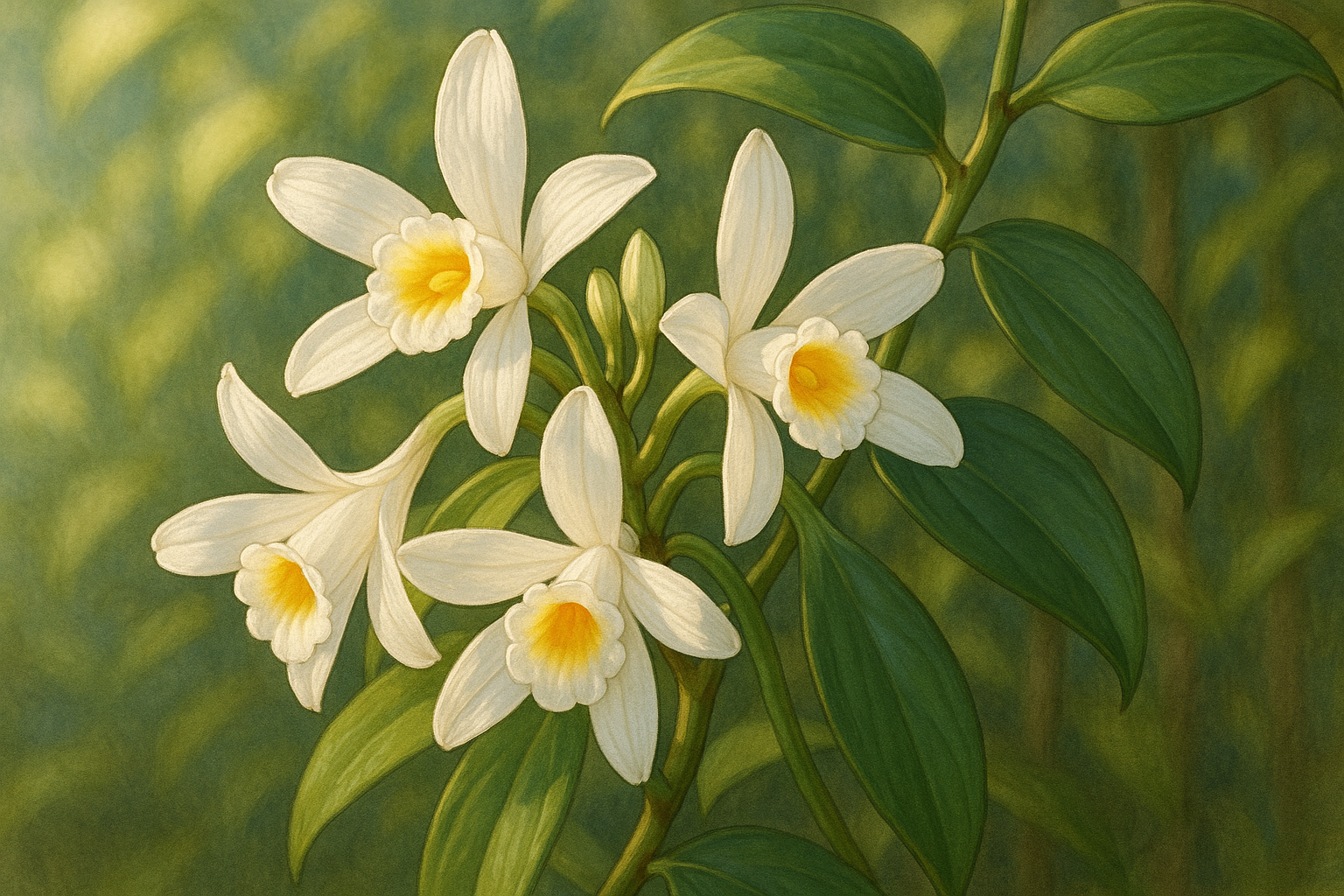 The V. tahitensis flower is a small, white, tubular orchid flower with a yellow center, blooming in summer. It grows in clusters on a climbing vine and has a distinct floral, citrusy, and sweet fragrance. While individual flowers open for a short time, they are hand-pollinated to produce the distinctive Tahitian vanilla bean.  